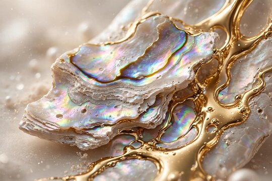 Iridescent abalone shell with golden texture - colorful mother of pearl nacre luxury abstract background
