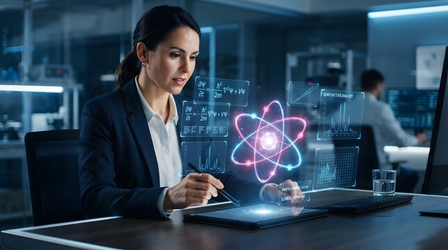 Businesswoman Using Digital Tablet with Glowing Holographic Atom Model in Modern Office, Female Scientist Researching Nanotechnology and Molecular Science Innovation