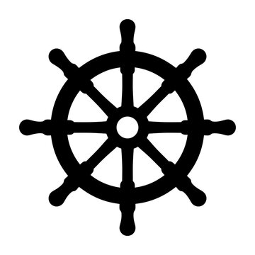 Black ship steering wheel icon with crossed anchor and rope on white background