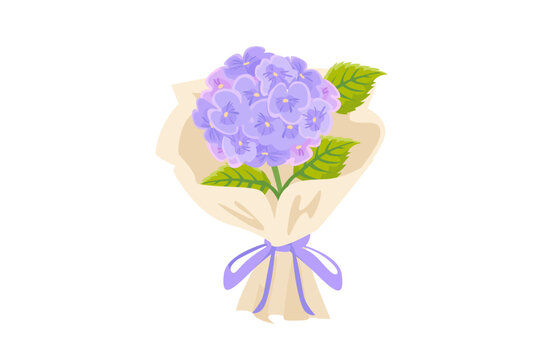 Purple hydrangea bouquet wrapped in paper with lilac ribbon, flat vector illustration isolated