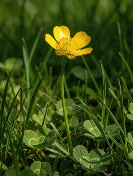Macro shot of bright yellow buttercup flower in green grass meadow. Single blossom grows on long stem among clover leaves. Sunny spring morning in garden wildflower field. Natural flora closeup with