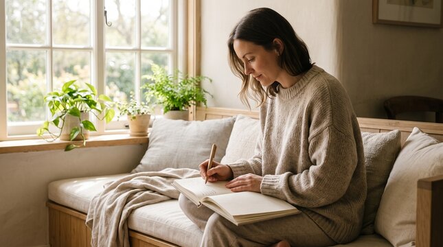 Serene woman sitting on a cozy padded window seat writing in a notebook journal with a pen, depicting quiet reflection and personal journaling.