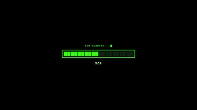 A green 'NOW LOADING...' progress bar gradually fills up against a stark black background, with a percentage counter increasing in a retro digital terminal style.