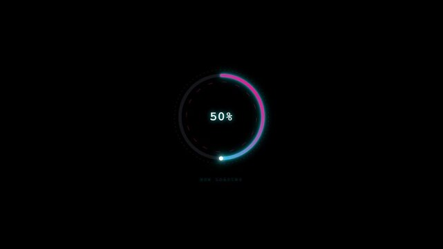 A futuristic neon circular progress bar on a black background. The percentage counter increases from 11% to 79% as a glowing blue and purple ring fills, indicating a system loading process.