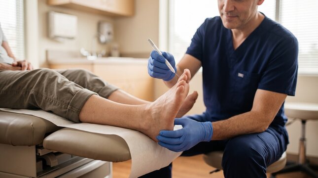 Male podiatrist wearing blue gloves carefully applying a monofilament probe to a patient's foot during a neurological exam, highlighting diabetic foot screening.