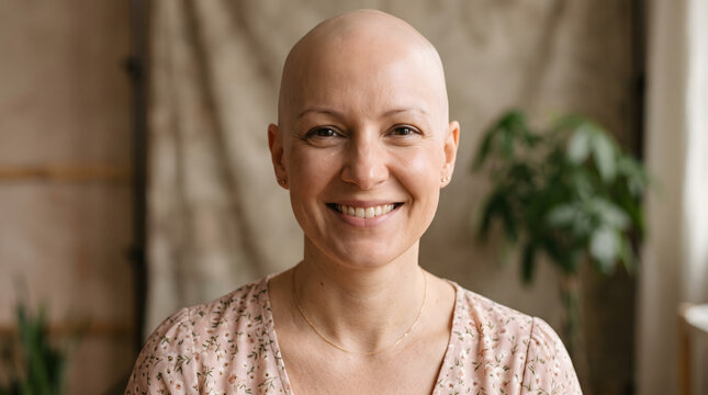 Close up portrait of brave smiling bald woman in floral top looking at camera at home highlighting chemotherapy recovery breast cancer survivor hope and wellness healthcare advertisement