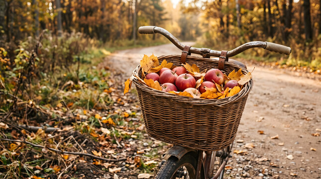 retro bicycle carrying woven wicker basket packed with ripe red apples and colorful fall foliage resting on dirt road in sunlit autumn forest during traditional seasonal orchard harvest