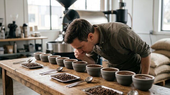 Male coffee Q-grader in an apron bending down to smell freshly brewed ground coffee bowls during a professional cupping session in a roastery, depicting specialty coffee evaluation.