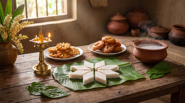New Year table with milk rice, kavum, kokis and brass oil lamp on banana leaf