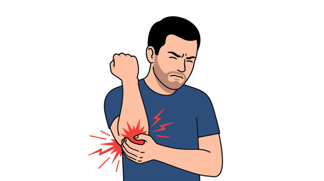 Man suffering from elbow pain vector illustration. Man holding his painful elbow with red spark inflammation. Joint injury, arthritis, and healthcare concept.