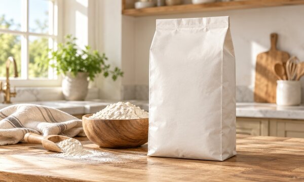 flour bag mockup stands beside baking ingredients in sunlight