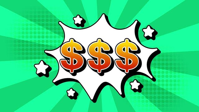 $$$ dollar USD text word lettering popup comic cartoon reveal with bomb and smoke explosion manga anime book page dots with radial speed lines doodle teal background with seamless loop animation