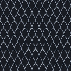 Seamless pattern featuring pale blue fish scale arches on a dark navy background © dipu