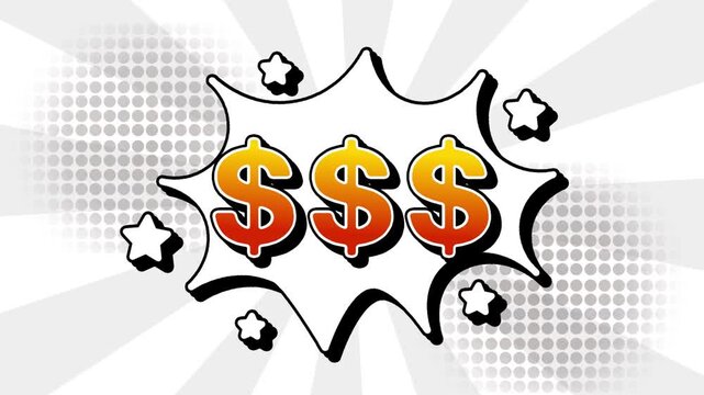 $$$ dollar USD text word lettering popup comic cartoon reveal with bomb and smoke explosion manga anime book page dots with radial speed lines doodle white background with seamless loop animation