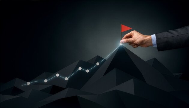 A businessman's hand placing a small red flag at the peak of a dark low-poly mountain range with a glowing growth chart line, symbolizing success, achievement, and milestone goals.