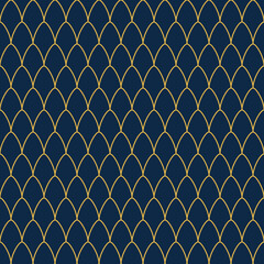 Seamless pattern featuring repeating gold fish scale arcs on a deep navy blue background © dipu