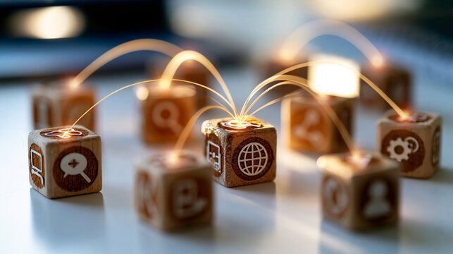 Wooden blocks with icons connected by thin lines forming a knowledge hub and resource network on a white table knowledge hub resource network icons on wooden blocks concept