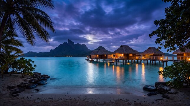 Overwater bungalows on tropical lagoon at sunset in French Polynesia