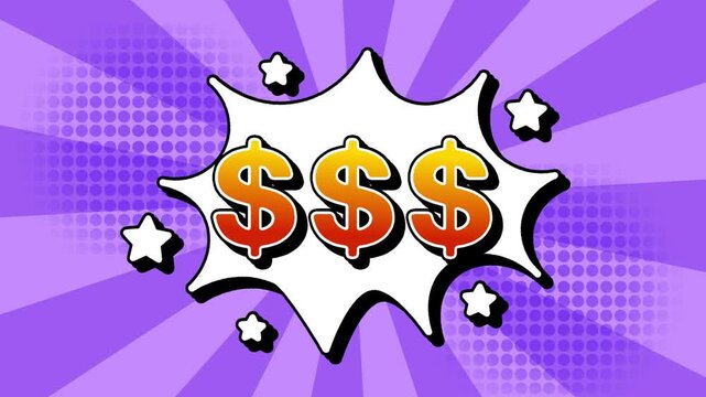 $$$ dollar USD text word lettering popup comic cartoon reveal with bomb and smoke explosion manga anime book page dots with radial speed lines doodle lavender background with seamless loop animation