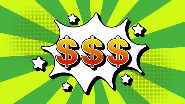$$$ dollar USD text word lettering popup comic cartoon reveal with bomb and smoke explosion manga anime book page dots with radial speed lines doodle green background with seamless loop animation
