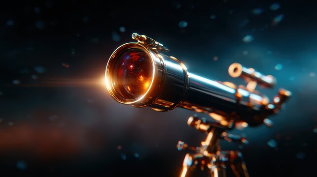 A beautifully polished telescope shines under starlight, inviting exploration and discovery of the universe while symbolizing humanity's quest for knowledge and understanding.
