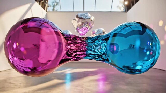 Vibrant floating glass spheres in modern white gallery space.