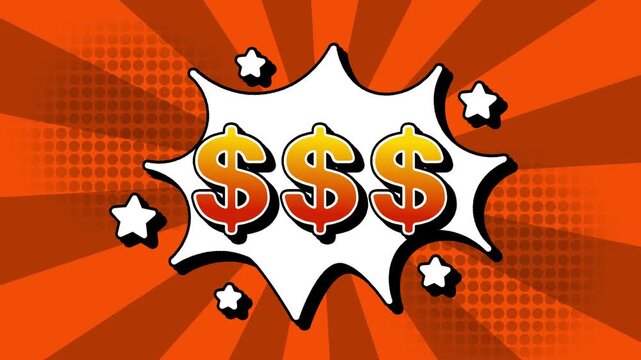 $$$ dollar USD text word lettering popup comic cartoon reveal with bomb and smoke explosion manga anime book page dots with radial speed lines doodle orange background with seamless loop animation