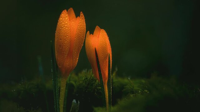 Orange crocus flowers with water drops, slow motion static shot with rack focus, dark background 4K