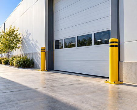 Yellow Safety Bollards Protecting a Warehouse Loading Bay Door