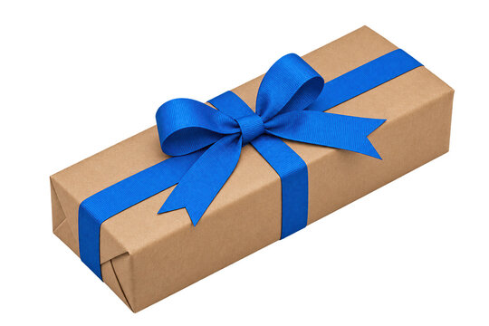 Gift box wrapped in brown craft paper and decorated with vibrant blue bow