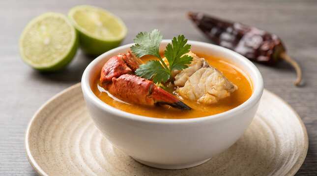 Peruvian parihuela, spicy seafood soup with crab claw and fish in bowl, close up