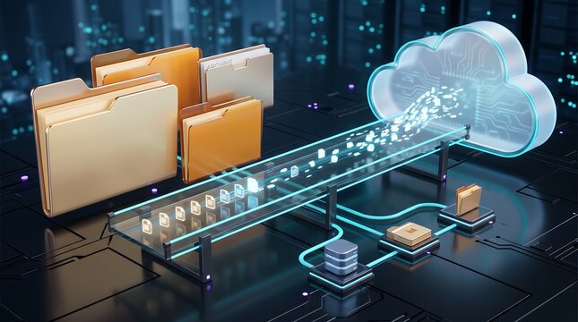 Automated data archiving system with files moving on conveyor belt to cloud storage icon representing large scale information processing and digital backup solutions 3d render
