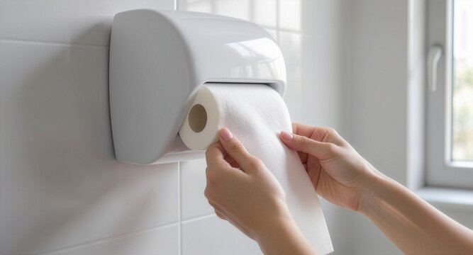 A close-up shot of female hands carefully pulling a soft roll of white toilet paper from a modern white plastic dispenser mounted on a clean tiled bathroom wall.