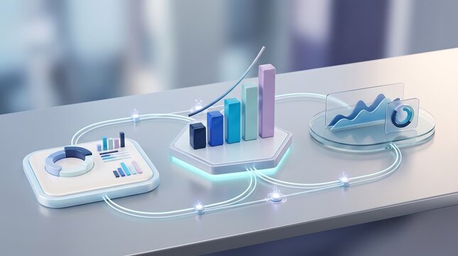 Financial data analysis concept with glowing bar charts and financial trend graphs on a clean professional desk surface for business growth and market intelligence reporting systems