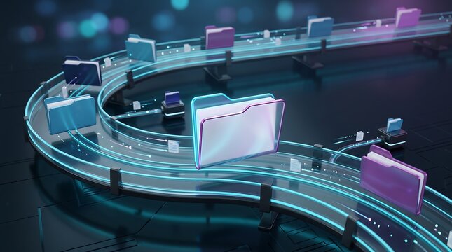 Data migration and file folder synchronization process visualized with 3D glowing paths and floating digital icons on a dark background for cloud storage and server maintenance concepts