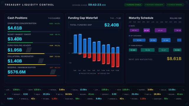 Experience a premium 4K dark-mode treasury liquidity dashboard animation featuring cash positions, funding gaps, and maturity schedules in a sleek design with vibrant colors and smooth transitions.