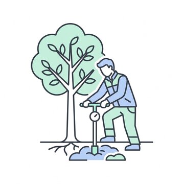 Forestry worker testing soil compaction beside a tree