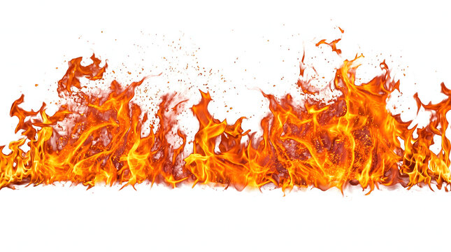 Dynamic blazing fire flame horizontal bottom border with flying sparks and embers isolated on pure white background for hot clearance sale promotion and danger safety warning graphic asset banner