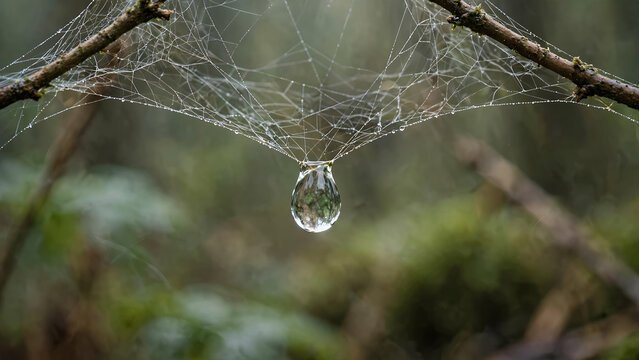 dewdrop hanging from delicate spiderweb on twig in soft morning forest light with blurred greenery background