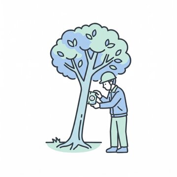 Arborist checking tree lean with a handheld inclinometer