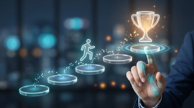 Professional businessman touching glowing digital virtual trophy icon rising above stepping stone platform symbolizing career growth success achievement and corporate target attainment concept