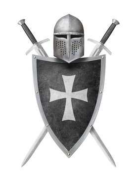 helmet shield and two swords isolated on white