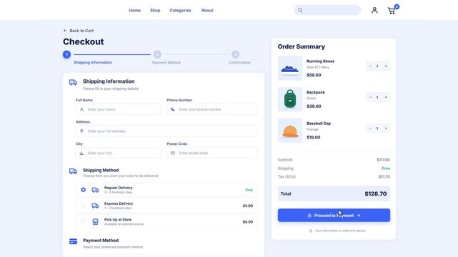 Online shopping checkout page interface with shipping information and order summary form animation