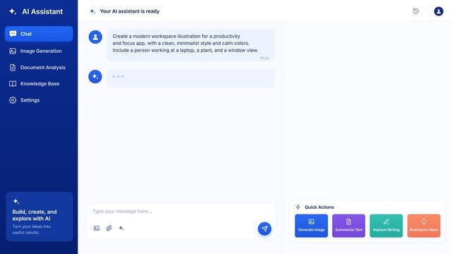 Digital assistant interface showing chat window and quick actions menu on computer screen