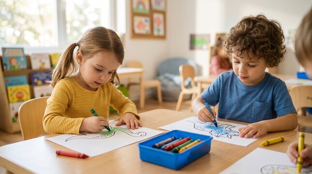 Preschool children happily coloring dinosaur drawings with crayons at wooden table depicting early childhood education and artistic development