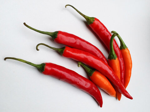 Top view flat lay of fresh red and orange chili peppers group isolated on minimal white background. Perfect for spicy food menus, cooking posters, culinary packaging, or print sticker.