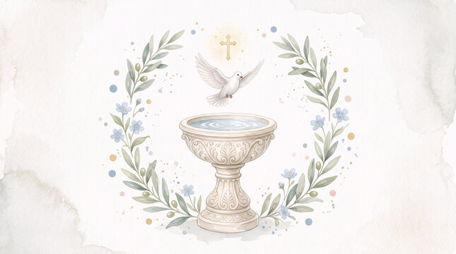 Watercolor Baptismal Font with White Dove and Floral Wreath