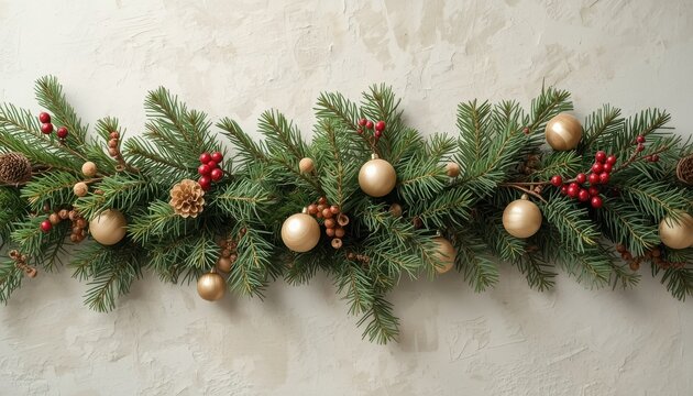 Elegant gold and red holiday evergreen garland for festive home decor
