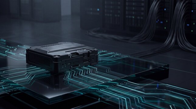 Compact edge computing device resting on a glowing circuit board floor