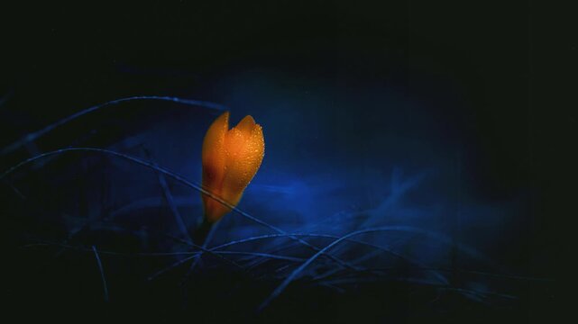 Orange crocus flowers with water drops, slow motion static shot with rack focus, dark background 4K